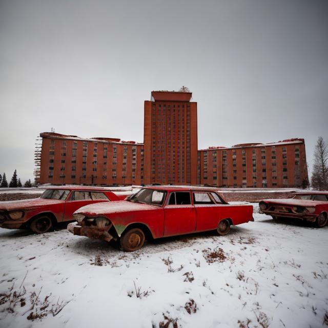 Prompt: Abandoned 1960s Soviet hotel colored red with abandoned Soviet cars in the parking lot from the 1960s with snow in the background in various different colors, mostly bland ones though.