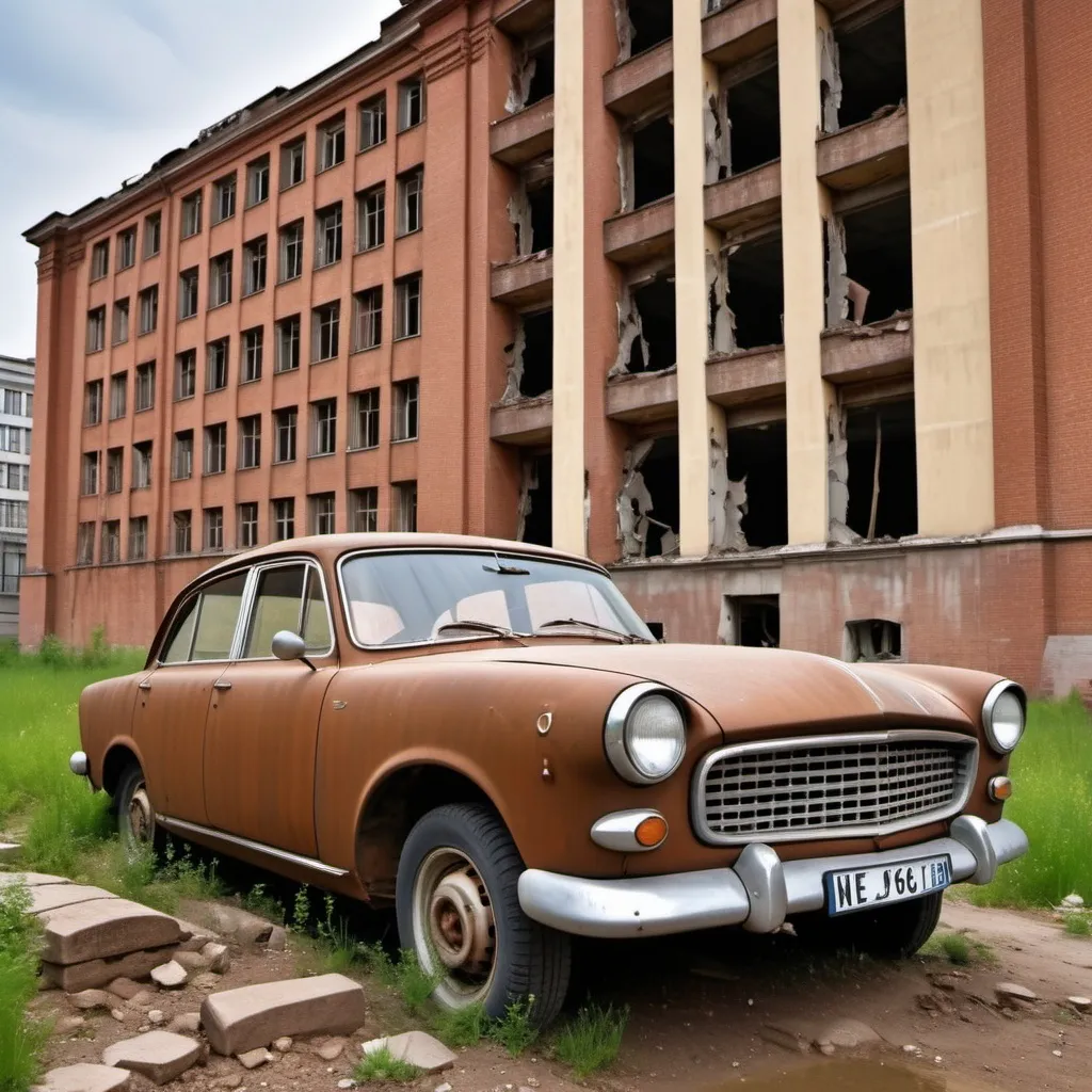 Prompt: Pop art of a brown Soviet car from the 1960s that is abandoned next by a broken wall of an abandoned Soviet office building from the 1960s that used to be used by Stalin.