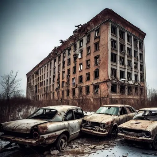 Prompt: An old abandoned collapsed Soviet building that is crushing several old cars.