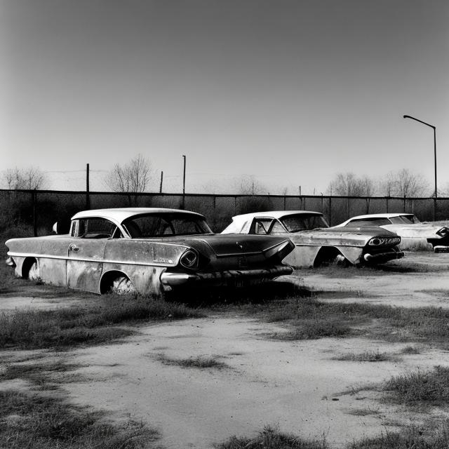 Prompt: Abandoned car parking lot with abandoned cars from the 1960 in it in the middle of the backrooms original picture.