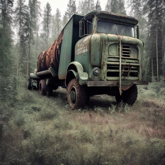 Prompt: Abandoned 1960s Soviet logging truck that is slightly tilted over in the forest and is still carrying a giant log on it that was never used.