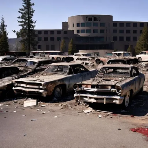 Prompt: The parking lot of the abandoned YouTube headquarters,which lay empty except for a few old cars which got crushed by the building.