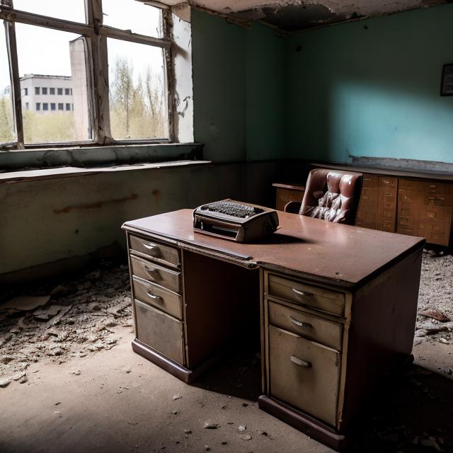 Prompt: Abandoned dusty desk with old papers on it and a broken typewriter in an abandoned Soviet office building from the 1960s with an abandoned Soviet car from the 1960s in the far corner of the room.