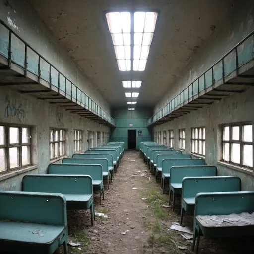 Prompt: Abandoned Soviet 1960s prison with abandoned Soviet prison buses from the 1960s.