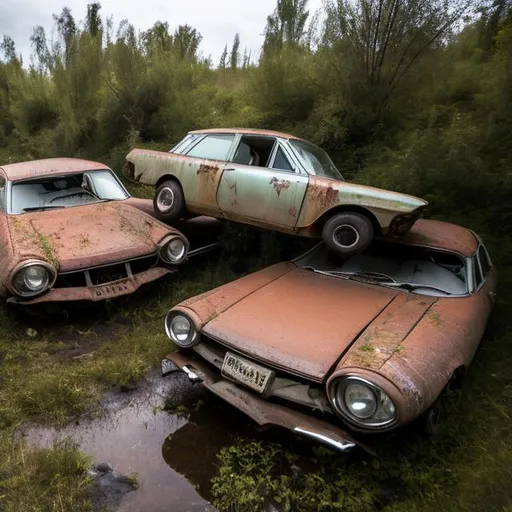 Prompt: Old abandoned 1960s Soviet cars flipped over on a hill with water seeping out.