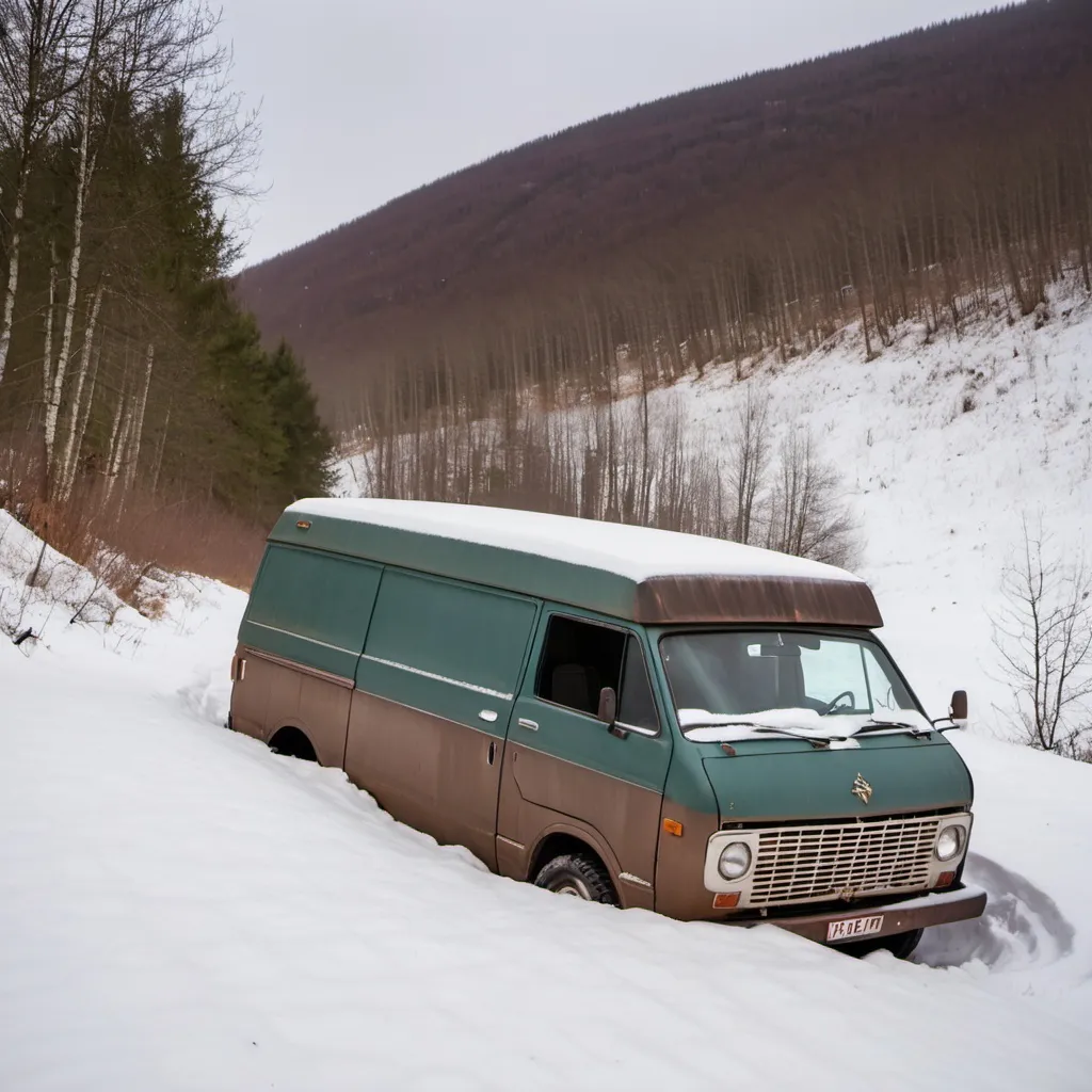 Prompt: Filing cabinets in a tipped over abandoned van from the Soviet Union 1960s on the snowy hillside just a little bit off of a road.