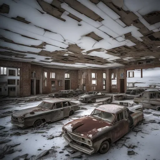 Prompt: An abandoned Soviet town in the middle of Antarctica lost to time.Still containing working cars,functional lights,and rotting but upright buildings.
