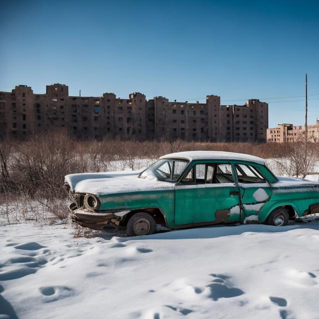 Prompt: Abandoned Soviet town from the 1960s covered in snow with abandoned Soviet 1960s cars on the streets.