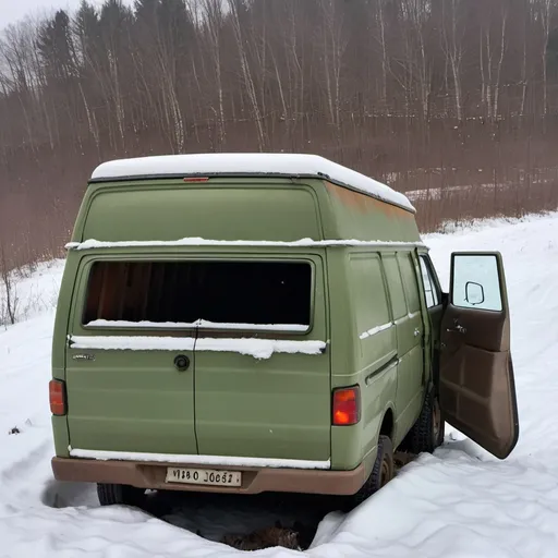 Prompt: Filing cabinets in a tipped over abandoned van from the Soviet Union 1960s on the snowy hillside just a little bit off of a road.