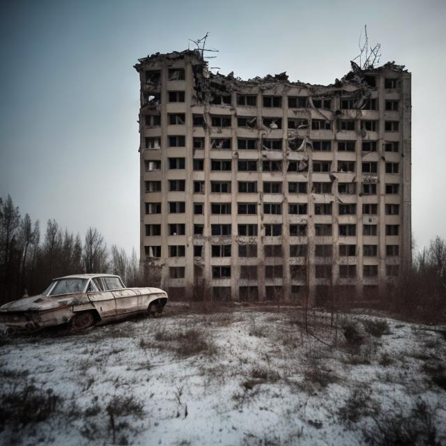 Prompt: Abandoned 1960s Soviet building with a collapsed wall crushing a car outside.