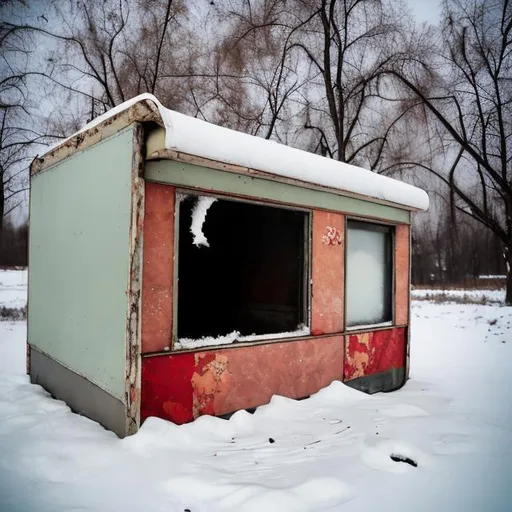 Prompt: 1960s abandoned Soviet car box style that has snow covering it and is inside of an old abandoned Soviet office building from the 1960s with a gaping hole in the wall revealing the outside.
