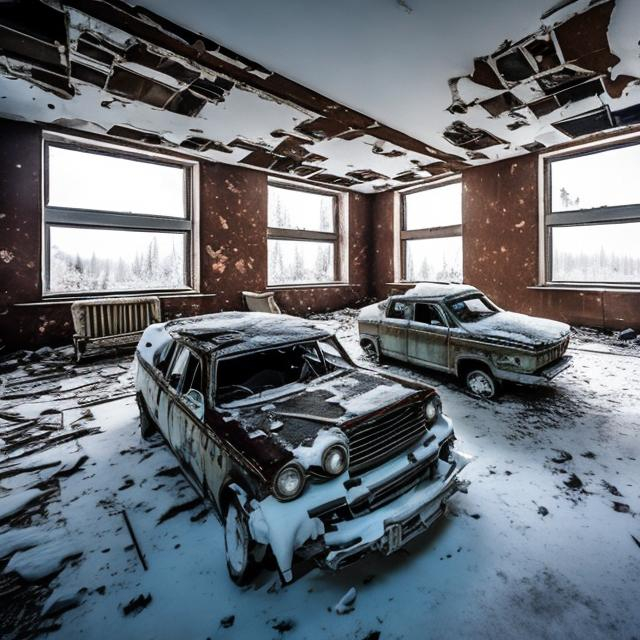 Prompt: An old abandoned Soviet office that is full with a lot of snow and old technology and a couple of crashed cars in it.