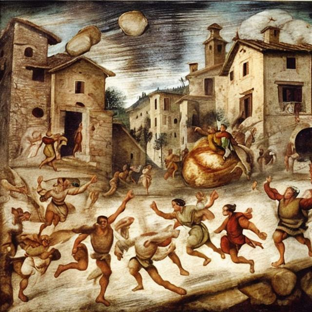 Prompt: Villagers of a small village in Italy in the 1500s running towards a giant piece of bread with olive oil on it that fell from the sky.