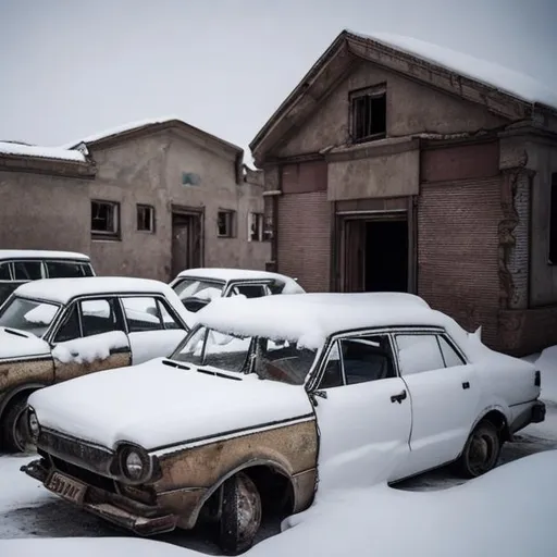 Prompt: Old Soviet cars buried underneath the snow in an abandoned Soviet town from the 1960s.