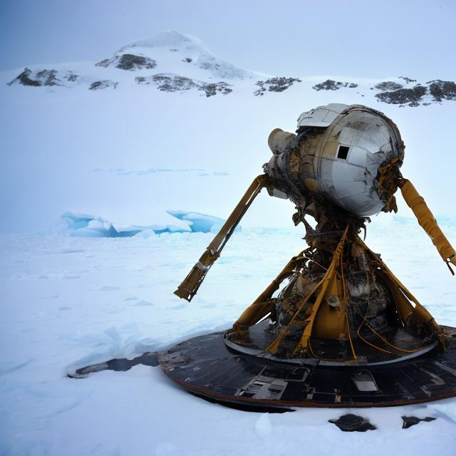 Prompt: An old crashed Soviet space probe in Antarctica.