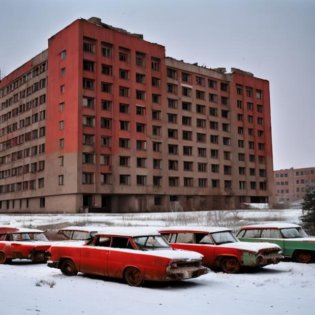 Prompt: Abandoned 1960s Soviet hotel colored red with abandoned Soviet cars in the parking lot from the 1960s with snow in the background.