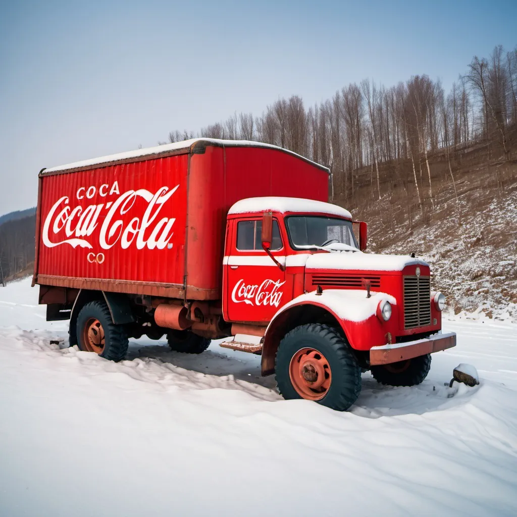 Prompt: Abandoned Soviet truck full of Coca Cola from the 1960s on a snowy hillside.