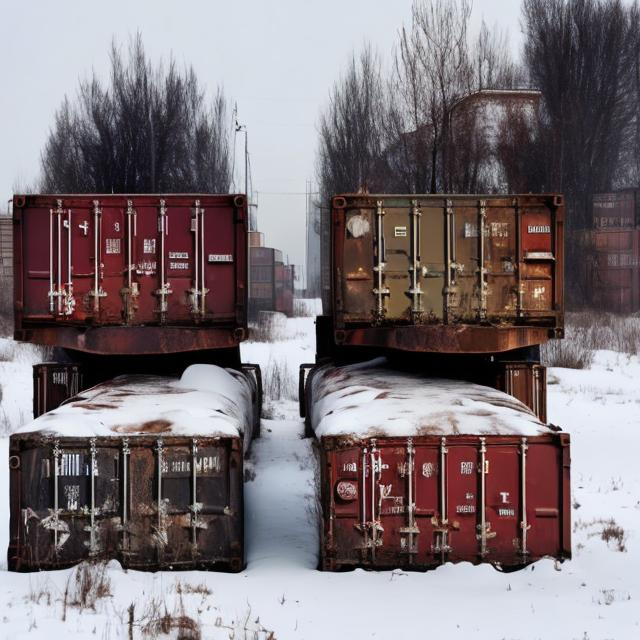 Prompt: Old Soviet containers containing Soviet cars from the 1960s spilling out their contents in the snow.