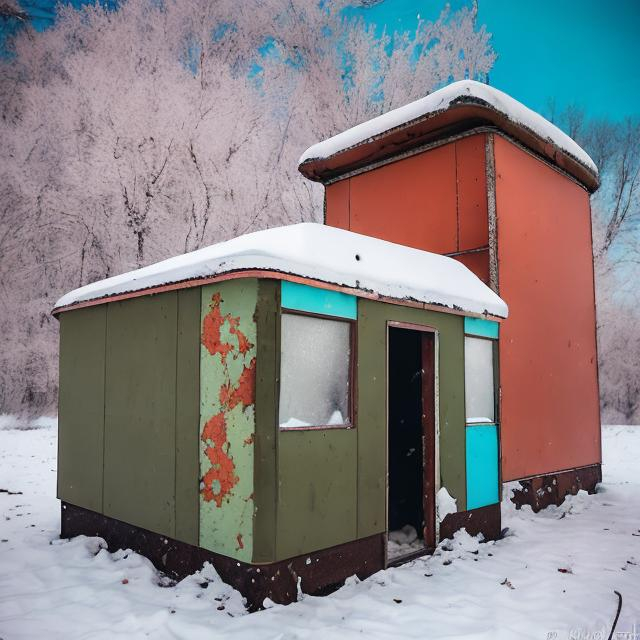 Prompt: 1960s abandoned Soviet car box style that has snow covering it and is inside of an old abandoned Soviet office building from the 1960s with a gaping hole in the wall revealing the outside.