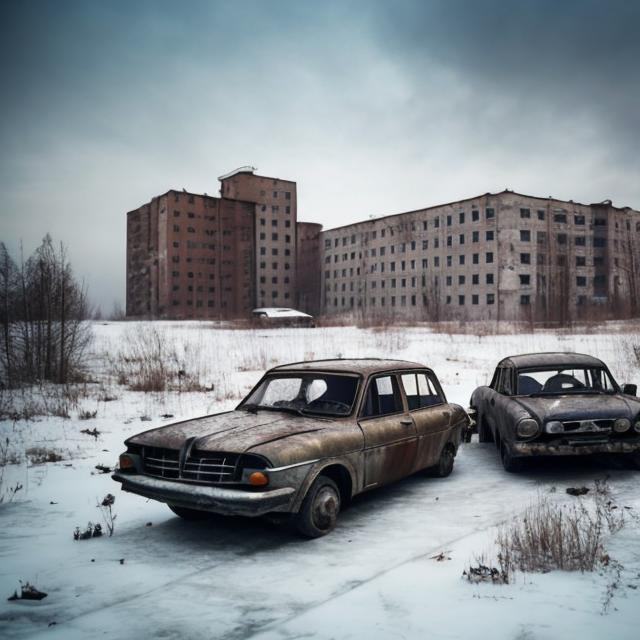 Prompt: Several old Soviet cars falling underneath the ice with a collapsing abandoned Soviet town in the background.