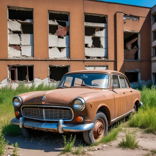 Prompt: Pop art of a brown Soviet car from the 1960s that is abandoned next by a broken wall of an abandoned Soviet office building from the 1960s that used to be used by Stalin.