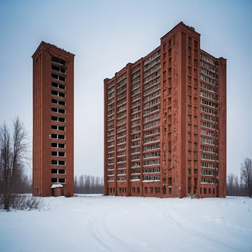 Prompt: Soviet brick skyscrapers that are abandoned in an abandoned Soviet town from the 1960s with heavy snow around the area.