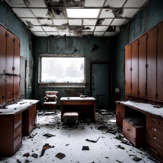 Prompt: Creepy old damp abandoned 1960s office from the Soviet Union during heavy winter snow with many things that have fallen over inside such as cabinets and tables liminal space.