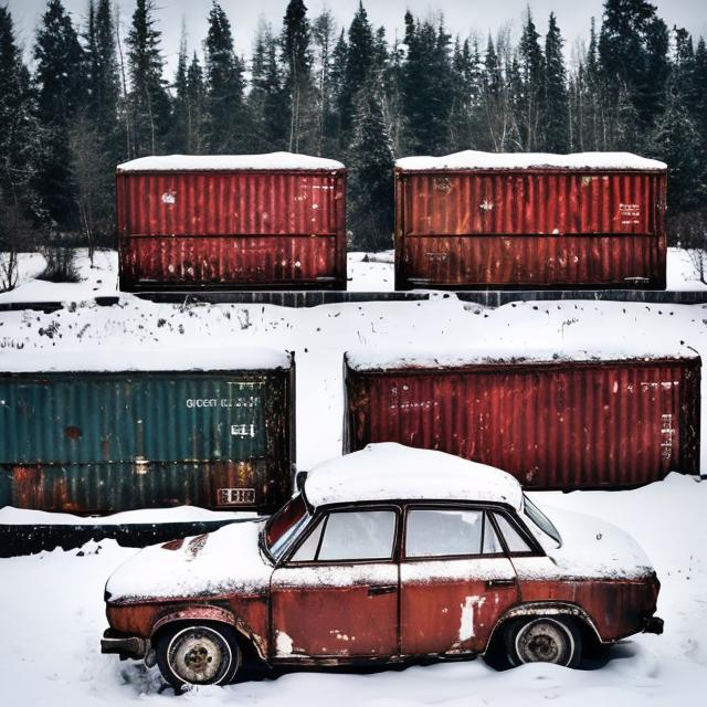 Prompt: Old Soviet containers containing Soviet cars from the 1960s spilling out their contents in the snow.