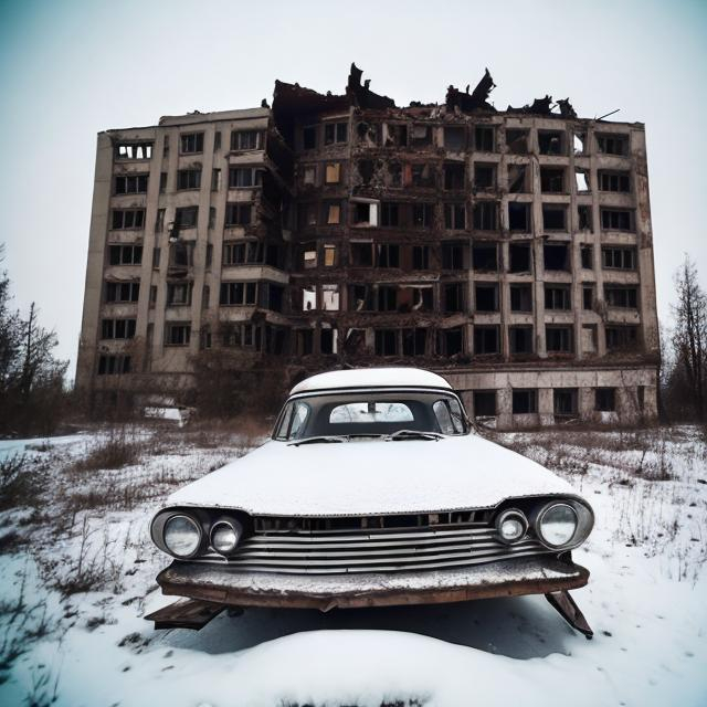 Prompt: Old abandoned Soviet 1960s car flipped over in an abandoned Soviet radio building in the 1960s with collapsed sections of the roof of the building and snow around the place and in the place.