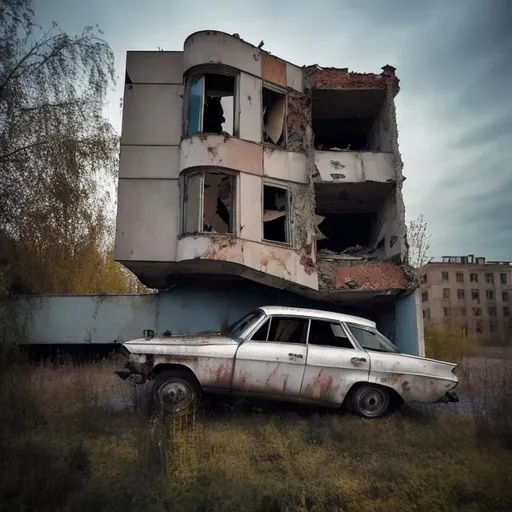 Prompt: Abandoned 1960s Soviet car flipped over against the wall of an abandoned Soviet house from the 1960s with an abandoned Soviet 1960s building next by it.
