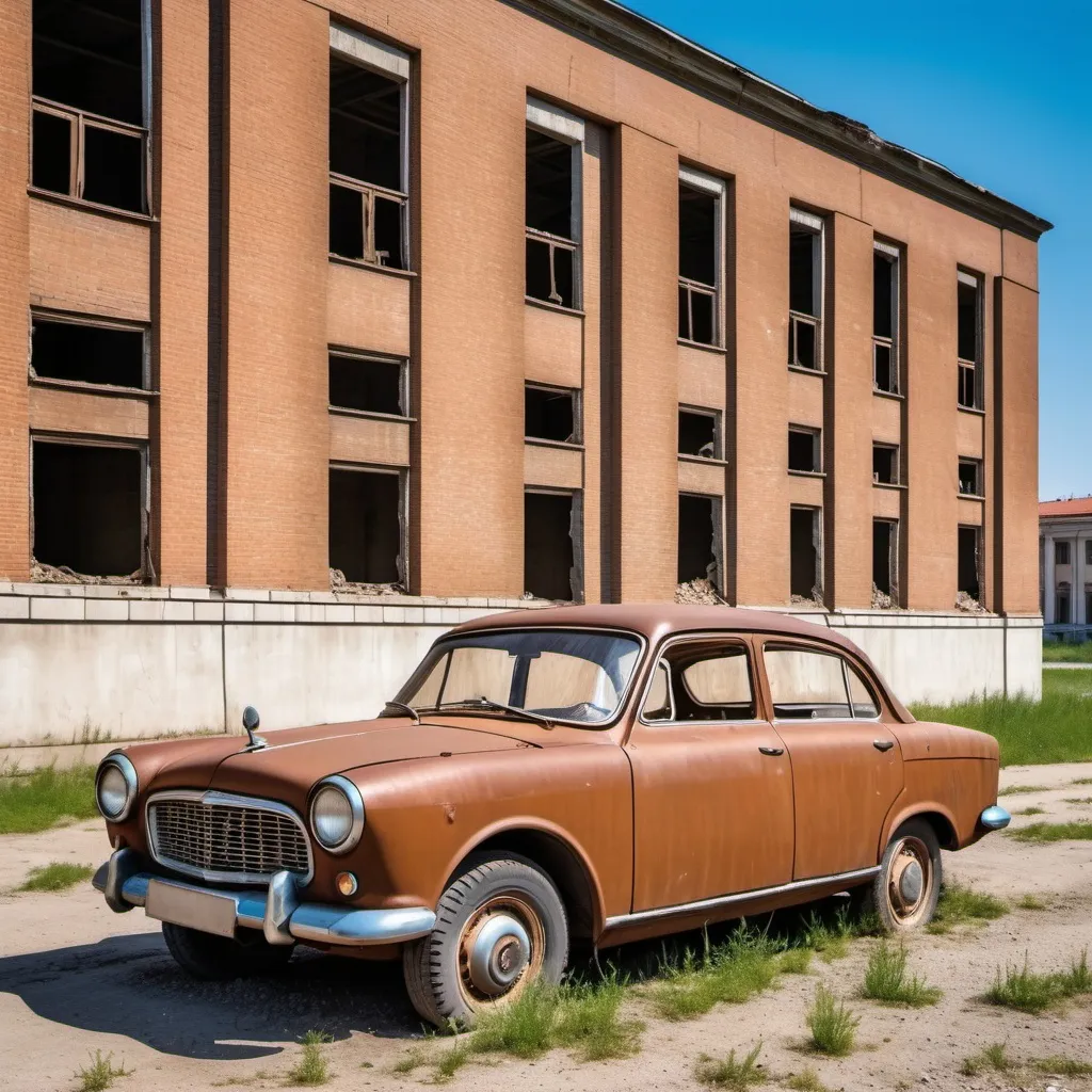 Prompt: Pop art of a brown Soviet car from the 1960s that is abandoned next by a broken wall of an abandoned Soviet office building from the 1960s that used to be used by Stalin.