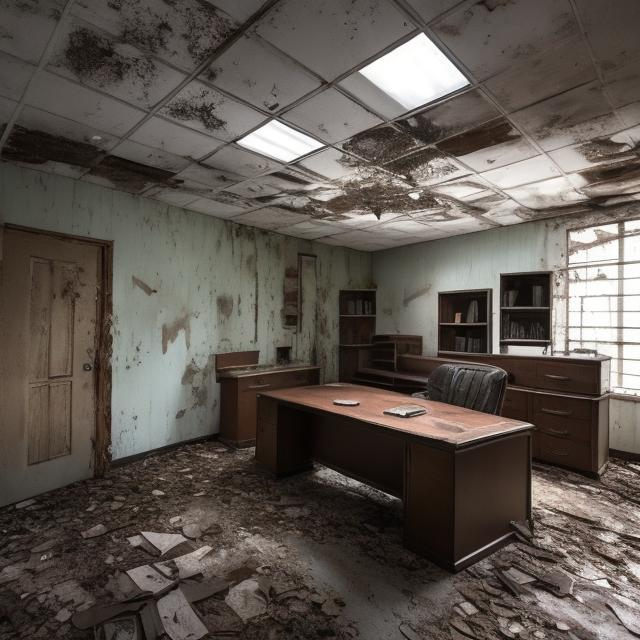 Prompt: Creepy old damp abandoned 1960s office liminal space.