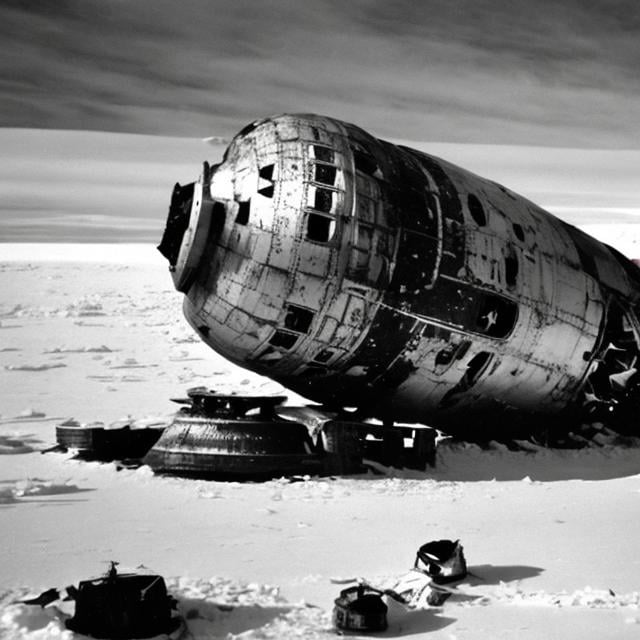 Prompt: An old crashed Soviet satellite in Antarctica.