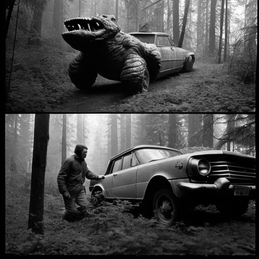 Prompt: A series of photographs showing the last pictures of a Soviet explorer in the 1960s exploring the woods with his car before getting caught by a bigger creature unknown to humanity. 