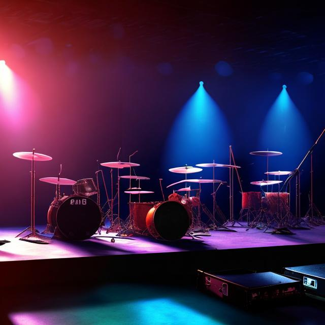 Prompt: Band equipment sitting on an empty damaged stage on a planet close to earth.