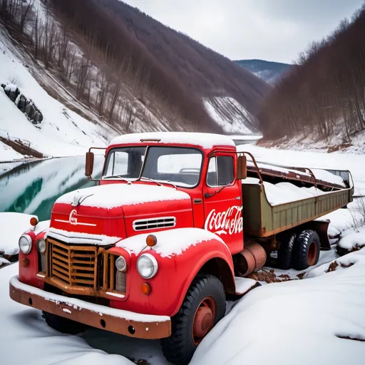Prompt: Abandoned Soviet truck full of Coca Cola from the 1960s on a snowy hillside that is flipped over on the side and spilling its contents out and very rusty and slightly in a frozen river and lake.