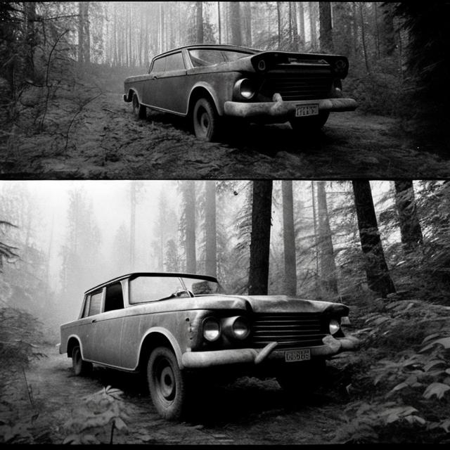 Prompt: A series of photographs showing the last pictures of a Soviet explorer in the 1960s exploring the woods with his car before getting caught by a bigger creature unknown to humanity. 