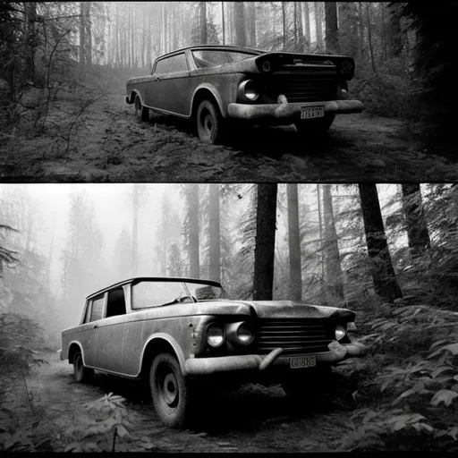 Prompt: A series of photographs showing the last pictures of a Soviet explorer in the 1960s exploring the woods with his car before getting caught by a bigger creature unknown to humanity. 