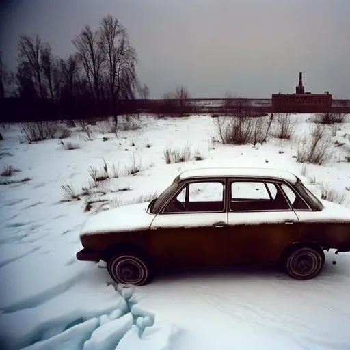 Prompt: A old Soviet car from the 1960s half stuck in the ice with an abandoned town in the distance covered in snow.
