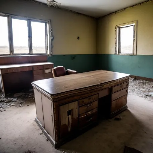 Prompt: Abandoned dusty desk in abandoned Soviet office building from the 1960s with an abandoned Soviet car from the 1960s in the far corner of the room.