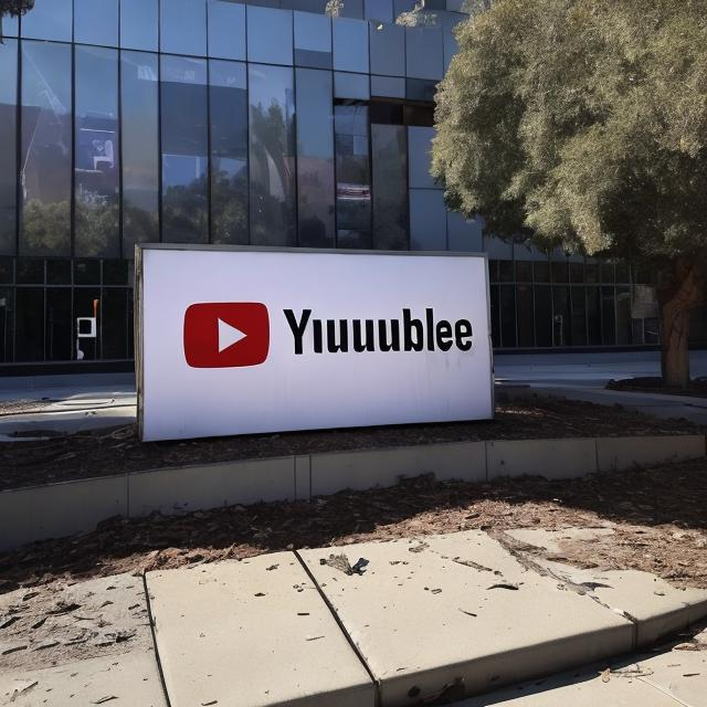 Prompt: Pictures of the damaged outside of the YouTube headquarters,with a very damaged and tarnished sign with "YouTube" on it that can barely be read.