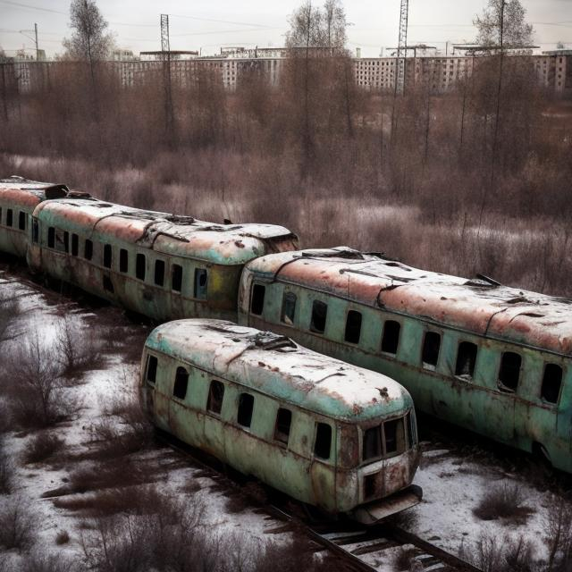 Prompt: Abandoned Soviet town with abandoned Soviet trains sitting in the background on the abandoned Soviet railway with several abandoned Soviet cars in the background.