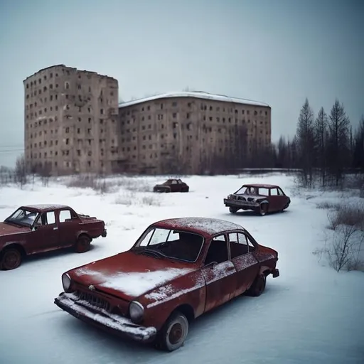 Prompt: Several old Soviet cars falling underneath the ice with a collapsing abandoned Soviet town in the background.