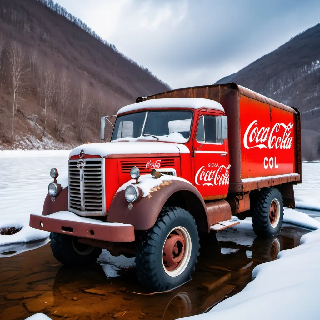 Prompt: Abandoned Soviet truck full of Coca Cola from the 1960s on a snowy hillside tipped over and very rusty and slightly in a frozen river and lake.