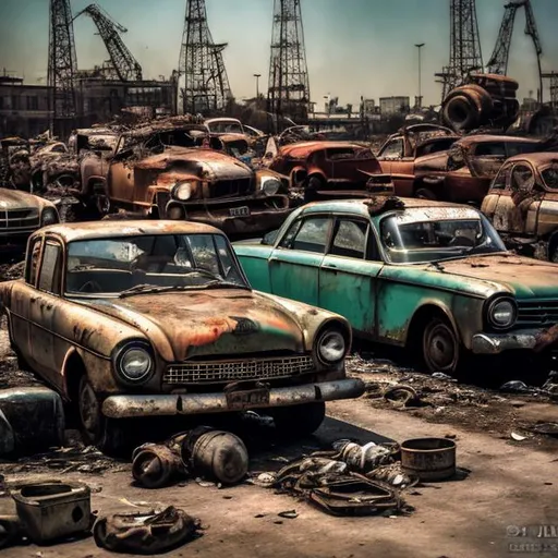 Prompt: Several old Soviet cars from the 1960s rotting away in a junkyard with several rotten abandoned Soviet cranes in it and piles of old trash in the background.