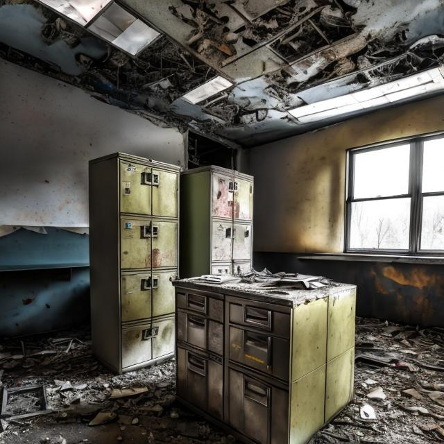 Prompt: Multiple collapsed metal file cabinets in an old abandoned Soviet office room.