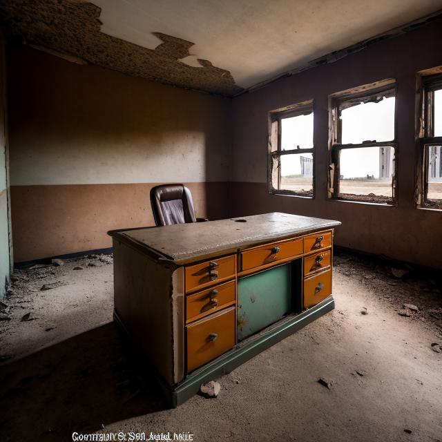 Prompt: Abandoned dusty desk in abandoned Soviet office building from the 1960s with an abandoned Soviet car from the 1960s in the far corner of the room.