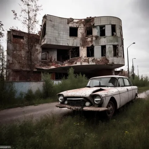 Prompt: Abandoned 1960s Soviet car flipped over against the wall of an abandoned Soviet house from the 1960s with an abandoned Soviet 1960s building next by it.