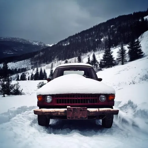 Prompt: An old Soviet car stuck in the snow in the mountains propped up with one of its tires fallen off.