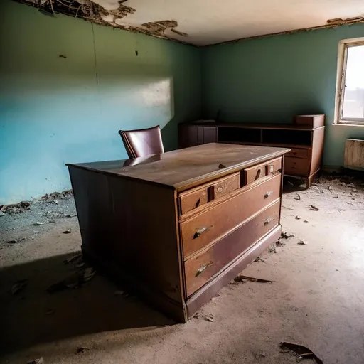 Prompt: Abandoned dusty desk with old papers on it in an abandoned Soviet office building from the 1960s with an abandoned Soviet car from the 1960s in the far corner of the room.